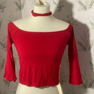 Red Crop Top with Flared Sleeves with neck piece